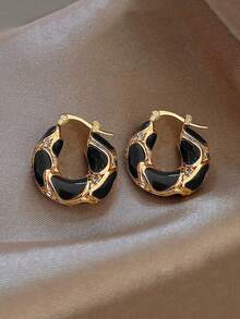 1 Pair Autumn/Winter Vintage Fashion Luxury Rhinestone Enamel Oil Drop Hoop Earrings Suitable For Women's Daily, Holiday, Party - Black - View 7