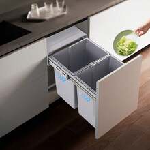400 Cabinet Double Pull-Out Waste Bin, Under Sink Sliding Trash Can With Door Linkage Panel, 40L Dual Compartment Kitchen Recycling Garbage Bin For Built-In Cabinet Installation - Grey - View 5