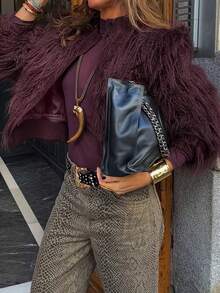 Wine Red Faux Fur Collar Button Long Sleeve Jacket, Fashionable For Autumn/Winter - Burgundy - View 3