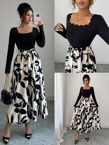 Vestido elegante de manga larga con cuello cuadrado, bajo curvo y estampado de plantas en patchwork para damas - Negro - Ver 4