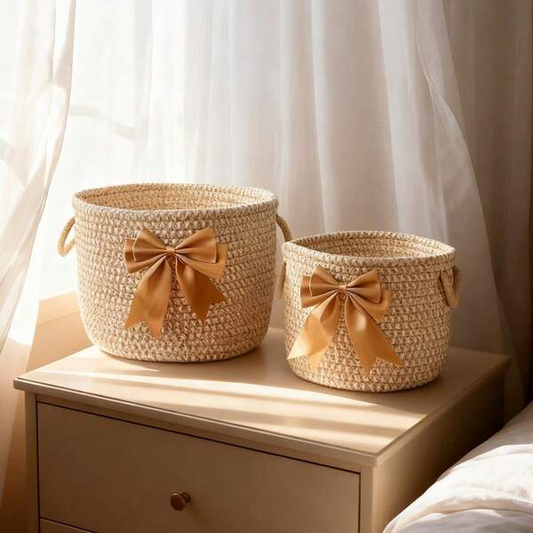 Yiuswoy Cesta redonda de armazenamento trançada cáqui, decoração com laço, cesta de presente boho, organizador de mesa multifuncional para maquiagem, lanches, brinquedos para cães e gatos, artigos diversos para animais de estimação, pequenos acessórios, armazenamento e organização de desordem doméstica