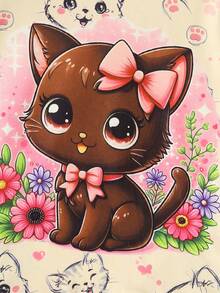 2 件套女童休闲可爱猫咪、花朵、蝴蝶结印花轻盈柔软针织面料长袖 T 恤和裤子套装，秋冬 - 黃色 - 查看 4