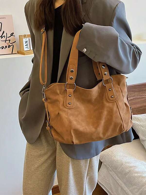 1pc Vintage Large Capacity Tote Bag, Fashion Versatile Crossbody Bag, Minimalist Casual Shoulder Bag, Office Commute Bag, High-End Laptop Handbag, Suitable For Daily Work, Campus, Street, Commute