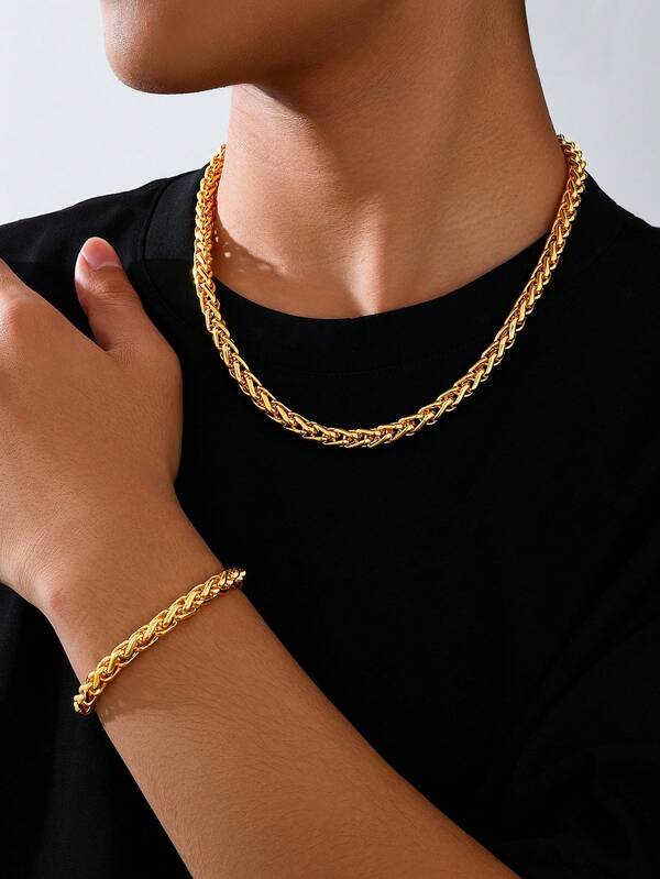 Vintage Bracelet Necklace Set, Unique Luxury Floral Chain Jewelry Set For Men