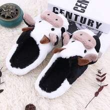 Cute Girl Style Half-Covered Heel Cow Print Slippers For Women, Winter Student Dorm Fashion Warm Home Shoes (Different Batches, Different Sole Patterns) - Black and White - View 3