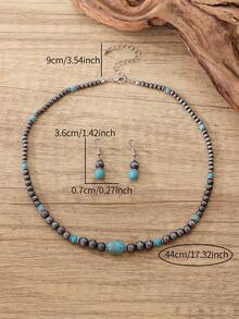 复古绿松石项链复古西部乡村耳环套装女古银色串珠首饰套装