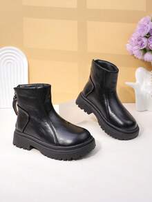 1 Pair Girls Boots 2025 New Style, Children Short Boots, Back Zipper Decor Glossy Material, Anti-Slip Thick Sole, Round Toe Mid-Calf, Retro British Style Boots, Suitable For School/Street Wear In Autumn/Winter
