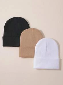 1 pieza/3 piezas Gorro de punto de unicolor simple, adecuado para la vida diaria, abrigo cálido - Multicolor - Ver 4