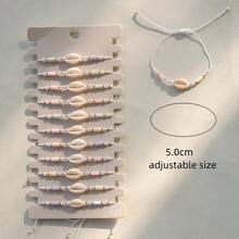 12pcs Bohemian Style Elegant Shell Beaded Adjustable Bracelets Set, Natural Shell, Women Holiday Party Gift
