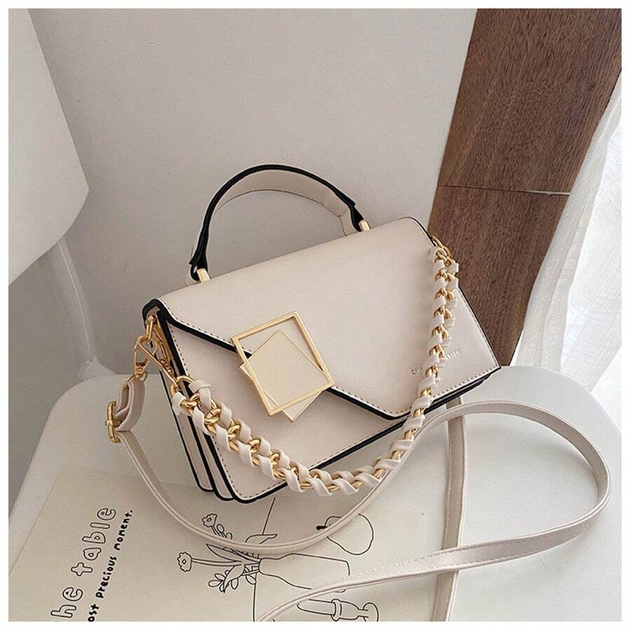 Mini Woven Chain Decorated Flap With Lock Portable Handbag For Women, Shoulder Bag Or Crossbody Bag, Suitable For Work, Shopping, Traveling. - trắng - Xem 1