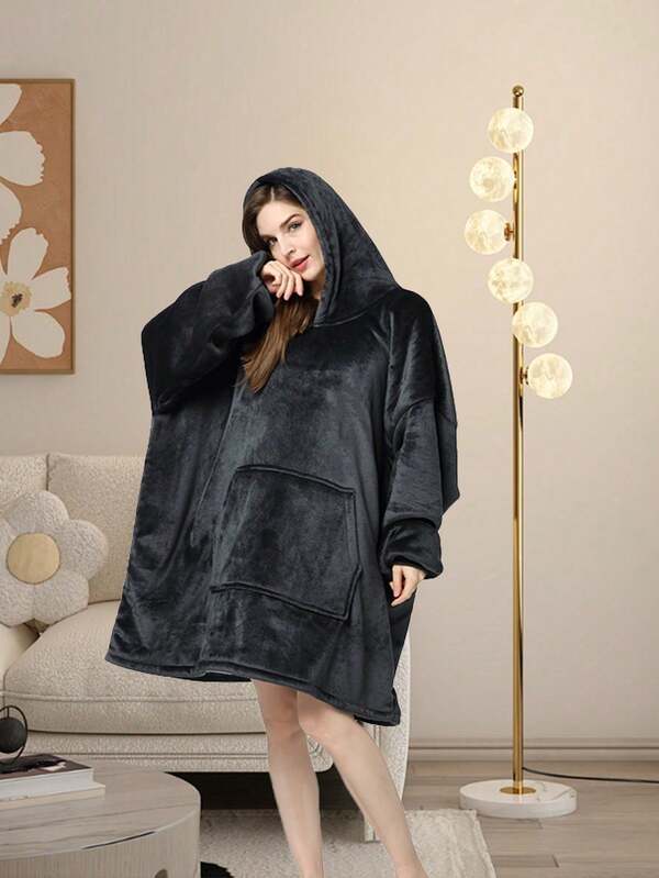 Ultra-Soft Double-Sided Wearable Hooded Blanket Pajama - Comfortable Oversized Hoodie Blanket With Pocket, Machine Washable, Perfect For Office, Holidays, New Year'S Gift, Christmas Gift Item | Modern Knit Hoodie | Polyester Fiber, Towel Blanket, Wash Cloths