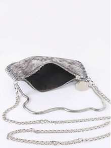 Handmade Chain Strap Shoulder Bag, Versatile & Multifunctional, Metallic Silver Color, Baguette Underarm Handbag, Shoulder/Crossbody Bag, Zipper Closure - Grey - View 3