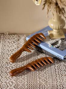 Cirelle 1 件天然檀香宽齿梳，适合女性波浪发型设计、头皮按摩、耐热、防静电、返校、旅行度假必备、女士发饰 - 棕色 - 查看 1