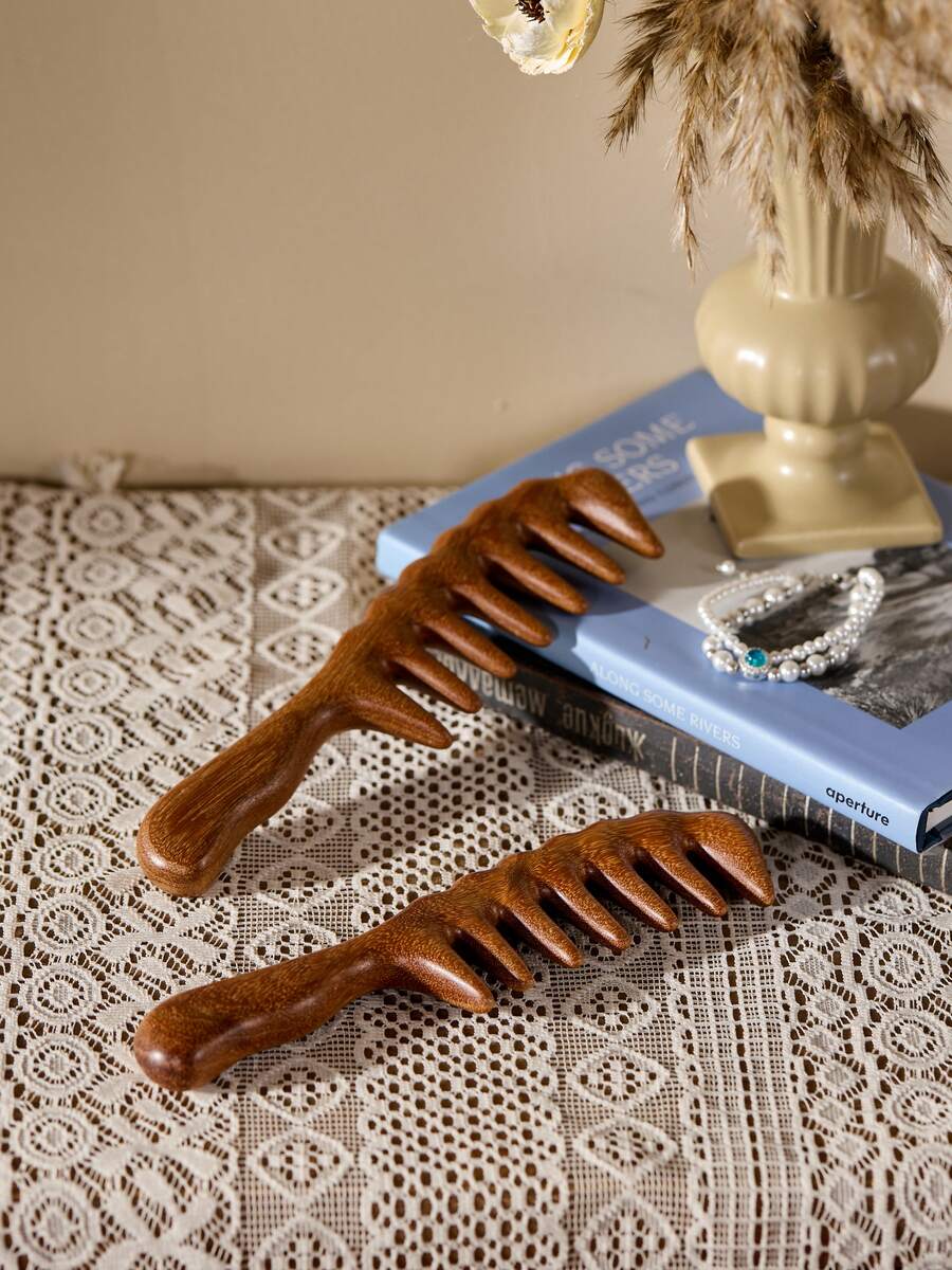 Cirelle 1 件天然檀香宽齿梳，适合女性波浪发型设计、头皮按摩、耐热、防静电、返校、旅行度假必备、女士发饰 - 棕色 - 查看 1