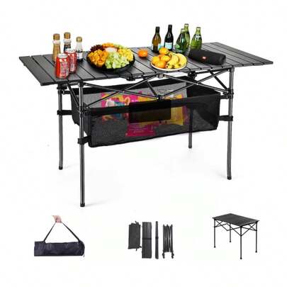 Mesa de Camping Mesa Plegable para Exteriores, Mesa Enrollable de Aluminio con Bolsa de Transporte Fácil, 120 x 55 cm, altura ajustable de 50 a 80 cm, Mesa Portátil de Aluminio para Interiores y Exteriores, Picnic, Barbacoa, Patio Trasero, Playa