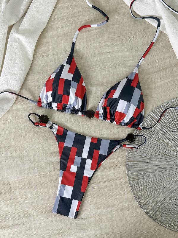 Set bikini a due pezzi da donna con stampa geometrica e collo alto, costume da bagno sexy con design a nodo e decorazioni 3D, perfetto per vacanze in spiaggia, feste in piscina e gite estive