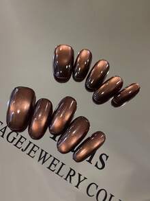 10 件装按压式指甲杏仁猫眼紫棕红蓝简约闪亮办公室日常佩戴假指甲人造指甲套装包括 1 张粘合片和 1 个迷你锉刀 - 彩色 - 查看 3