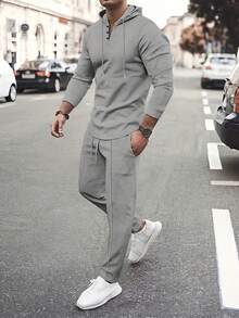 2pcs Men's Long Sleeve Hoodie + Pants Co-Ord Set, Solid Color Waffle Knit Casual Suit Clothes For Autumn