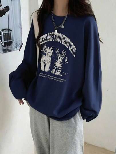 女式宽松棉质字母猫咪印花长袖T恤，百搭春秋两季