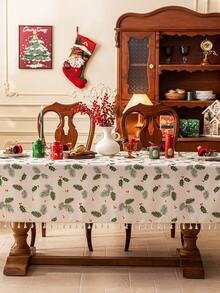 1 szt. świąteczny obrus, zielony nadruk z szyszkami i liśćmi, beżowy frędzel, prostokątny pokrowiec na stół jadalny, trójwymiarowa tekstura bambusa, zmywalny, świąteczny obrus na przyjęcie, odpowiedni do kuchni, jadalni, salonu, spotkań towarzyskich, imprez, uroczystości, dekoracji i prezentów świątecznych i noworocznych, wesołych świąt