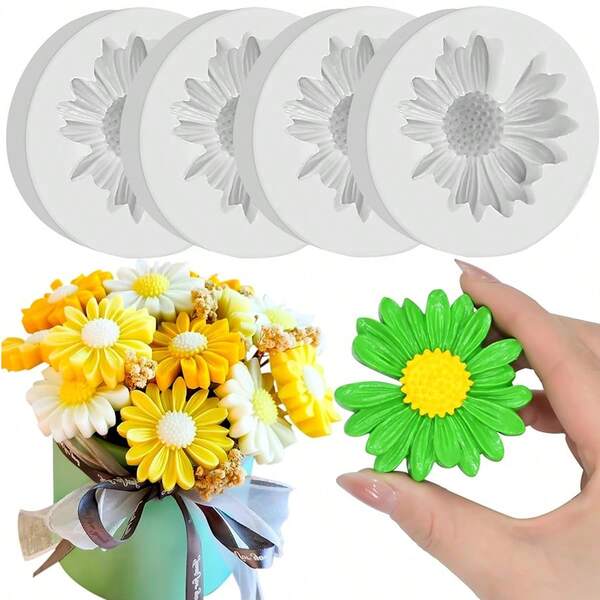 4 قوالب سيليكون على شكل زهرة الأقحوان - قوالب لصنع شموع كوب معطرة DIY / قوالب زخرفية من الجبس المعطر، سهلة الفك للهدايا وديكور المنزل