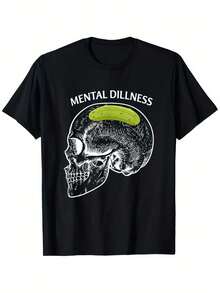 Camiseta gráfica de esqueleto de pepinillo Mental Dillness - 100% algodón, ajuste holgado, camiseta unisex con diseño de cerebro y frasco de pepinillo, camisa casual negra para hombres y mujeres, tallas S-XXXL, ropa para todas las estaciones |   Top con estampado peculiar |   Calidad de impresión digital - Negro - Ver 2