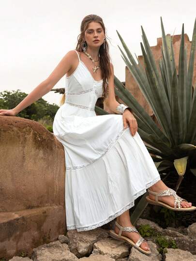 Faeriesty BohoBloom Women's Bohemian Style Spaghetti Strap Lace Trim A-Line Dress, Suitable For Daily Outings, Beach Vacations, Festivals, Weekend Getaways, And Country Walks