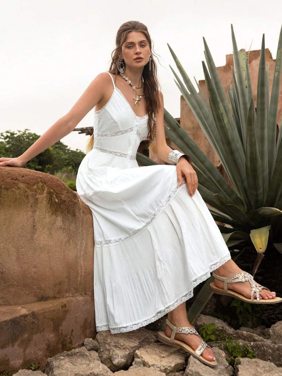 Faeriesty BohoBloom 女士波西米亚风吊带蕾丝边A字连衣裙，适合日常外出、海滩度假、节日庆典、周末短途旅行和乡村漫步。 - 白色 - 查看 1