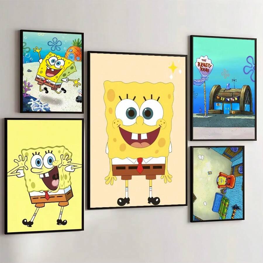 1 pièce Affiche du film Bob l'éponge, Bikini Bottom, Patrick l'étoile, Squidward et autres personnages mignons, convient pour la décoration de la maison, du salon, de la chambre, de la pièce, de l'entrée, du bar, du restaurant, du café, peinture décorative sans cadre