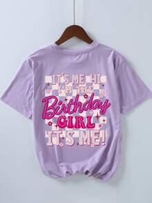 女童“生日女孩”标语印花圆领短袖T恤，休闲春夏童装 - 紫色 - 查看 2
