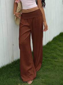 Women Cotton Linen Summer Palazzo Pants Wide Leg Lounge Pants Loose Straight Leg Solid Color Fold Over Low Rise Pants Casual Boho Beach Vacation Trousers Streetwear - 咖啡棕 - 查看 1