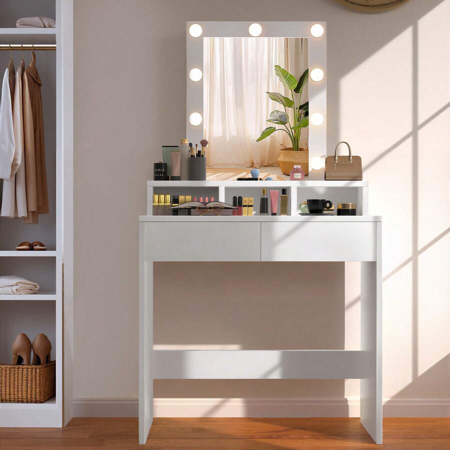 Dressing Table With Led Lights Mirror Adjustable Brightness, Vanity Makeup Table With 2 Drawers - White - View 1