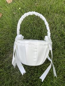 1 pieza/2 piezas Cesta de flores de boda de perlas falsas blancas - Cesta de flores con lazo blanco, Cesta de flores de satén, Adecuada para decoración de fiesta de boda, Regalos de Año Nuevo, Regalos decorativos