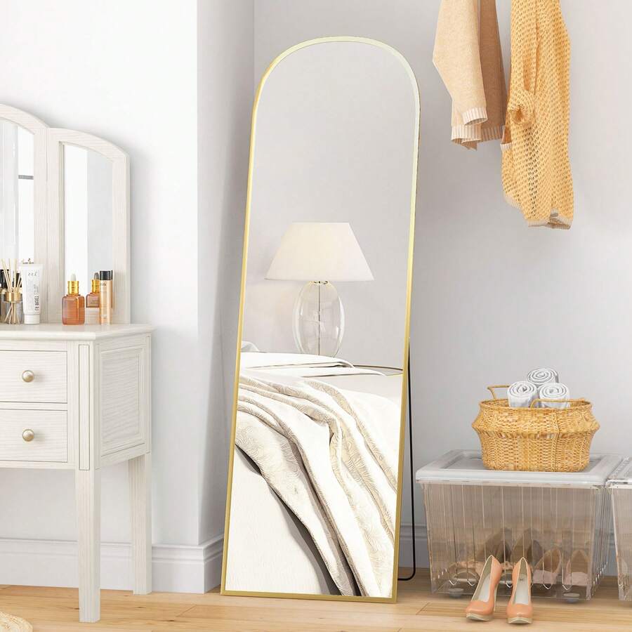 HOMCOM Arched Full Length Mirror, 64" X 20" Aluminum Full Body Mirror With Stand, Free Standing, Wall Mounted Or Leaning Floor Mirror For Living Room, Bedroom, Gold - 金色 - 查看 1