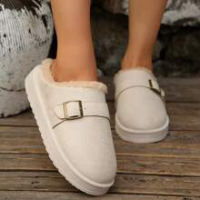 1 Paar hellfarbige Kunstvelours Stiefel mit Metallschnalle, flauschiger Borte und dicker Sohle für Damen, warm und modisch für Herbst/Winter Alltagsmode