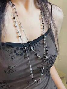 1 pezzo Collana con perline e cristalli a forma di sfera floreale, collana multistrato in metallo alla moda per donne, adatta per feste, banchetti, eventi formali e accessori per outfit quotidiani