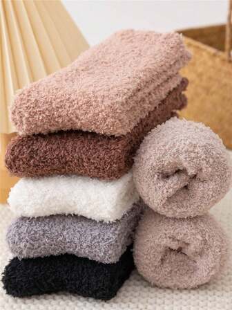 5 Pairs Women Winter Cozy Warmly Soft Fuzzy Solid Color Socks Comfort Fluffy Anklet Crew Suitable For Wearing While Sleeping Socks
