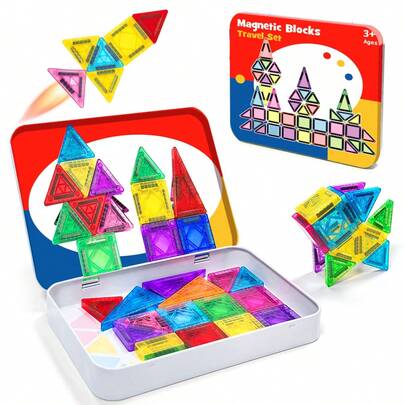 儿童磁性积木，62/50/110/150 片磁性积木，带收纳铁盒的磁性积木旅行套装，适合 3 岁以上男孩和女孩的幼儿拼图生日礼物玩具，颜色随机