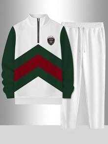 A 2-Piece Set, Featuring A Red And Green Color Block Printed Polo Shirt Paired With White Casual Sports Pants. The Vintage-Style Stand-Up Collar Half-Zip Long-Sleeve Top Is Perfect For Fashionable Streetwear And Is Suitable For Casual Sports And Outdoor Vacation Occasions. The Regular Fit And Soft Fabric Make It One Of The Most Eye-Catching Outfits For Leisure And Sports, Ideal For All Holiday Gifts. ...
