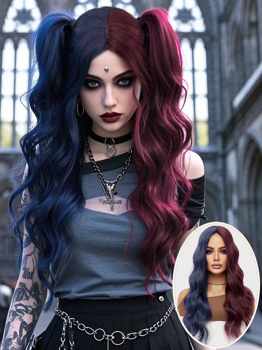 Cosplay Wig Red Blue Water Ripple Long Curly Wig 26 Inch Middle Parted Style Greta Halloween Christmas Wig Costume Wig Street Punk Wig Y2K Rock Wig Fluffy Natural Women's Synthetic Heat Resistant Fiber Wig Suitable For Daily Party Wig Music Festival Wig Avant-Garde College Style Wig Modern Fashion Gothic Wig