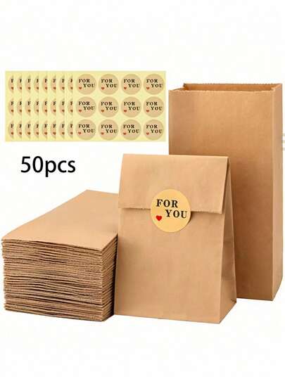 50/100pcs Brown Kraft Paper Bags, Durable Packaging Bags, Paper Lunch Bags, Shopping Bags, Suitable For Candy, Snacks, Bread, Popcorn, Weddings, Baby Showers, Birthdays And Other Occasions, Small Paper Bags Suitable For Bakeries, Party Favors, Snacks, Cookies, Burgers, Suitable For Small Businesses, Lunches, Parties, Takeout And Other Occasions, Also Suitable For Christmas And Other Occasions