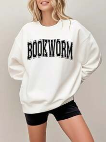 Women'S Bookworm Sweatshirt - Dark Green Literary Pullover With Bold BOOKWORM Lettering, Cozy Long Sleeve Round Neck Sweater For Book Lovers, Casual Everyday & Book Club Outfits - Perfect Gift For Readers, Book Lover Gifts, Reading Apparel, Relaxed Fit, Comfortable Material, Bookish Apparel, Bibliophiles Outfit, Readingthemed Clothing, Retro Design, Soft Fabric, Bibliophile Fashion, Casual Attire - Cozy Fall & Winter Outfit, Seasonal Clothing, Holiday Shoppers - trắng - Xem 1