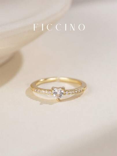 FICCINO Mini Heart-Shaped Gold-Plated Cubic Zirconia Adjustable Open Ring, Minimalist & Personalized Women's Band, Couple Gift For Daily Wear, Holiday, Anniversary, Valentine's Day, Comes With Box