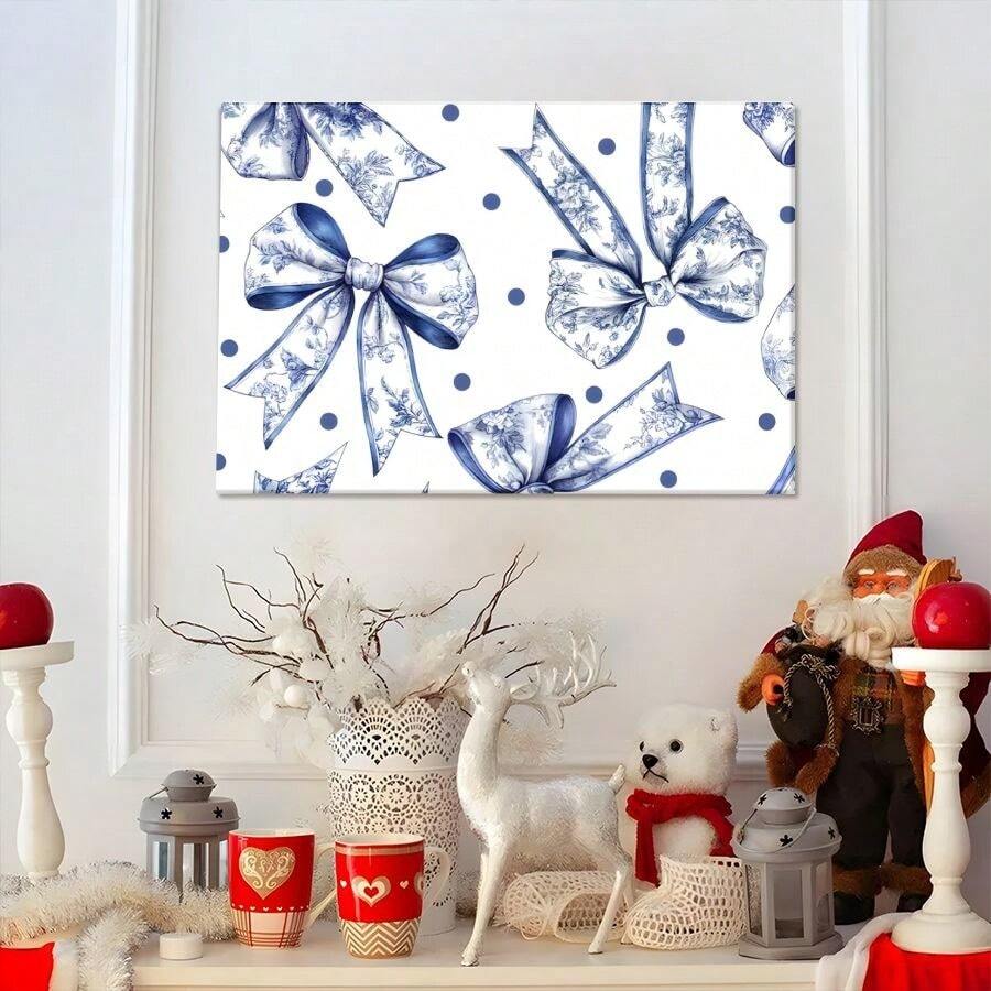 1Pc Solid Wood Frame Blue And White Floral Bow, Polka Dot Background, Hand-Drawn Illustration Style Theme Canvas Posters & Prints, Large Canvas Wall Art, 2D Flat, Easy Hang Tabletop Or Wall Display, For Halloween, Christmas Gifts, Bedroom, Living Room, Decoration Ready To Hang - Multicolor - View 1