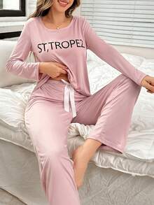 Pink Letter Graphic Long Sleeve Top & Pants Pajama Set For Women, Fall & Winter Clothes