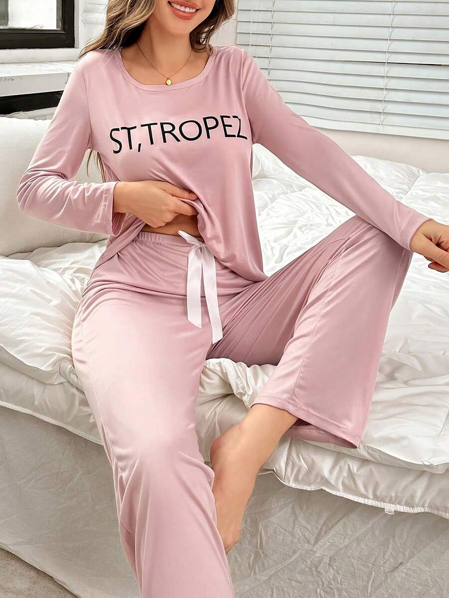 Pink Letter Graphic Long Sleeve Top & Pants Pajama Set For Women, Fall & Winter Clothes