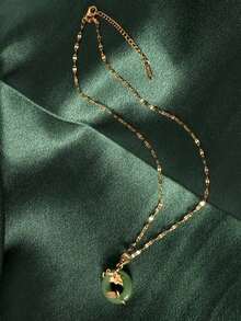 1 Green Peace Buckle Necklace Flower Ring Micro-Paved Light Luxury Niche Green Jade Lotus Leaf Pendant Suitable For Daily Wear By Women Valentines - 黃金 - 查看 2