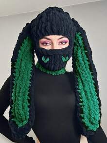 1pc Women's Multi-Color Oversized Rabbit Ear Hat, Warm Thick Knitted Beanie, Adorable & Versatile, Suitable For Daily, Casual, Party Occasionsski Mask Valentine's Day - 口罩款 - 查看 4