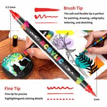 Acrylic Paint Markers,24 Colors Automatic Ink Control Dual Tip (Brush & Fine) Water-Based,Strong Covearge,For Black Paper & Rock Painting Acrylic Paint Markers For DIY Crafts, Scrapbooking, Glass, Wood