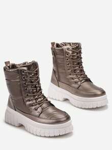Winter Fashion Versatile Thick Sole Snow Boots With Laces - Brown - View 4